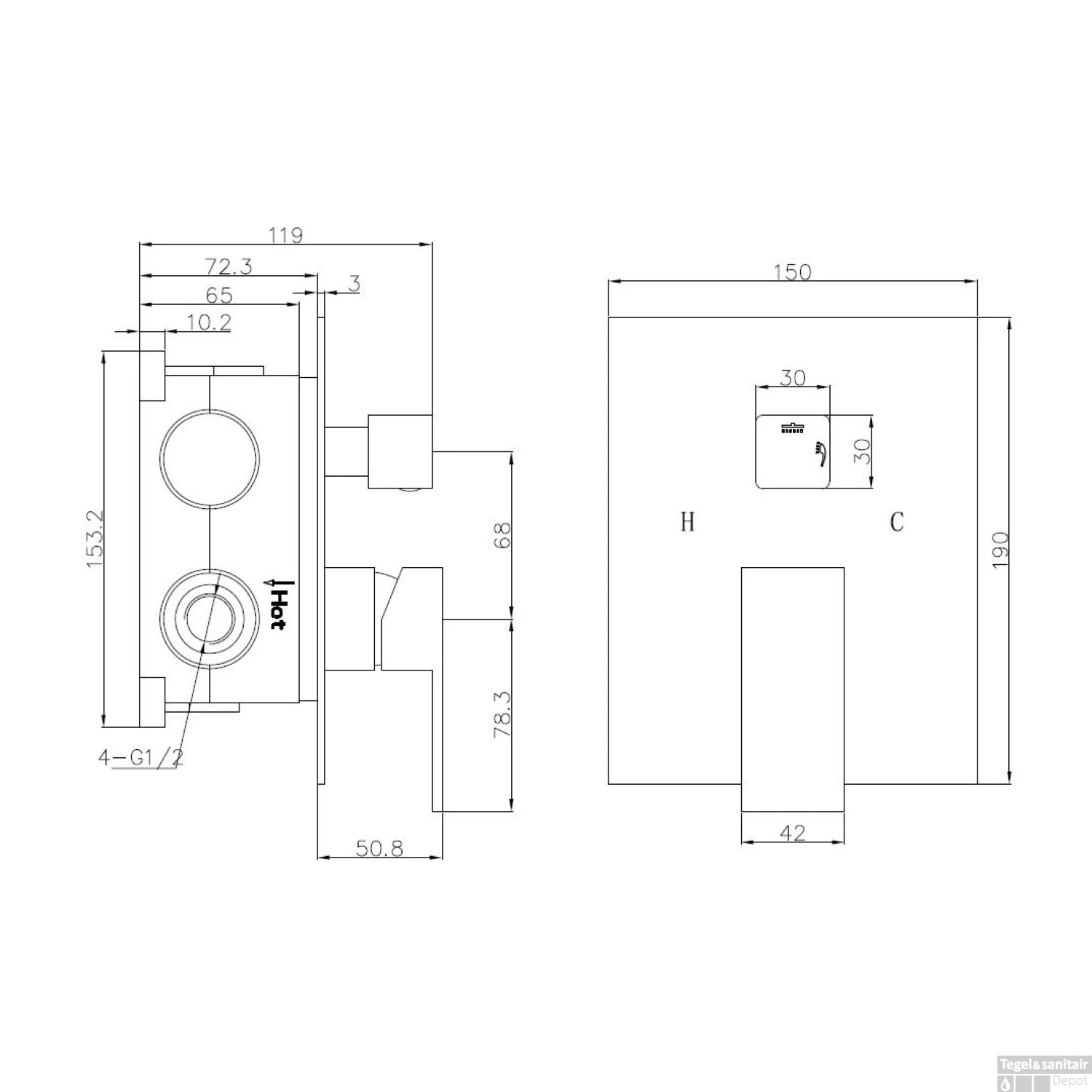 Douchekraan Best Design Monte Mengkraan Met Inbouwdeel 2-Weg 1/2" Rechthoek 2 Douchekraan Best Design Monte Mengkraan Met Inbouwdeel 2-Weg 1/2" Rechthoek - Afbeelding 2