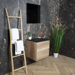 ACTIE BWS Badmeubel | Paris | 60cm Mat Zwart Wastafel | 1 Kraangat | Canyon Oak