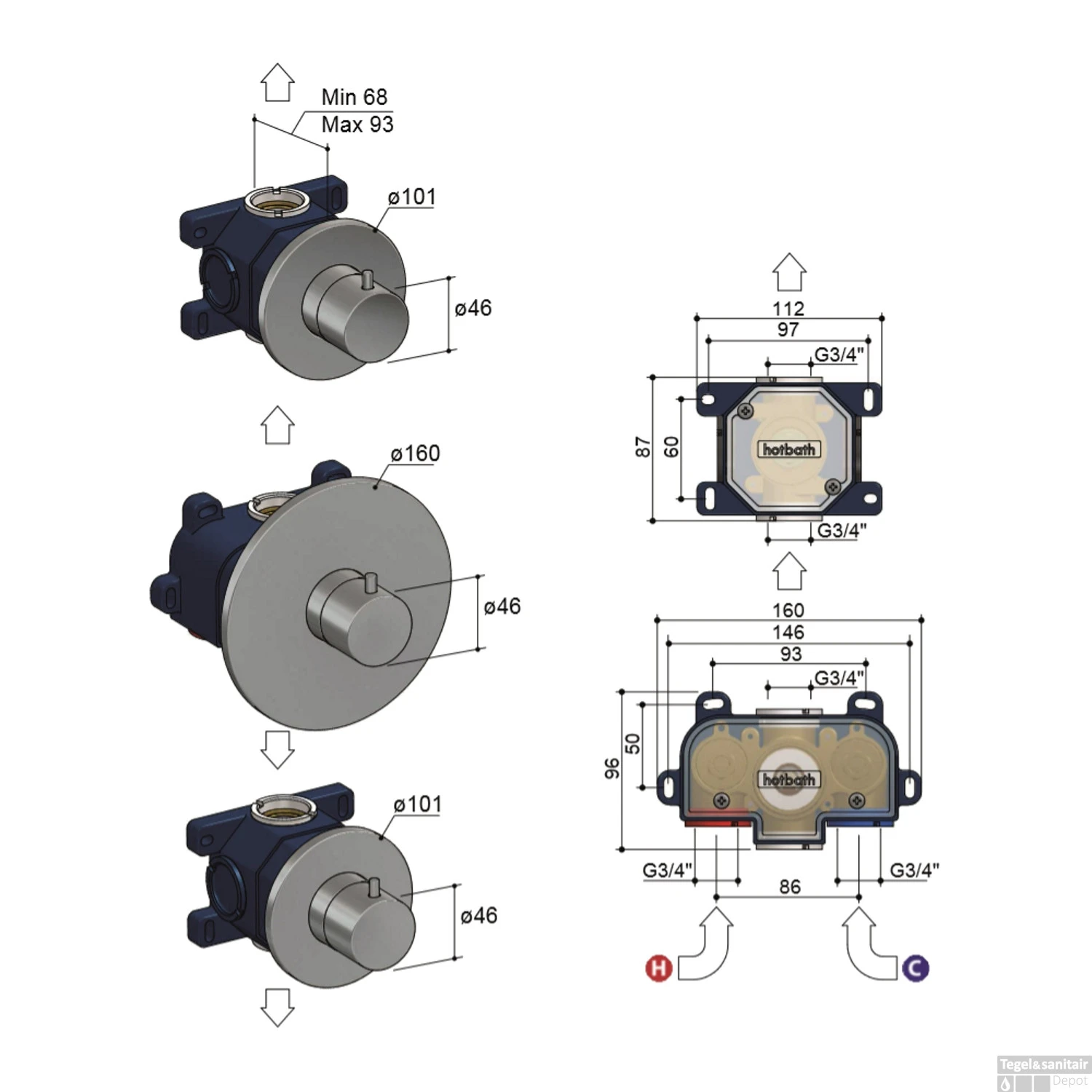 Douchethermostaat Hotbath Cobber Inbouw 2 Stopkranen Geborsteld Messing (excl. Inbouwdeel) 5 Douchethermostaat Hotbath Cobber Inbouw 2 Stopkranen Geborsteld Messing (excl. Inbouwdeel) - Afbeelding 5