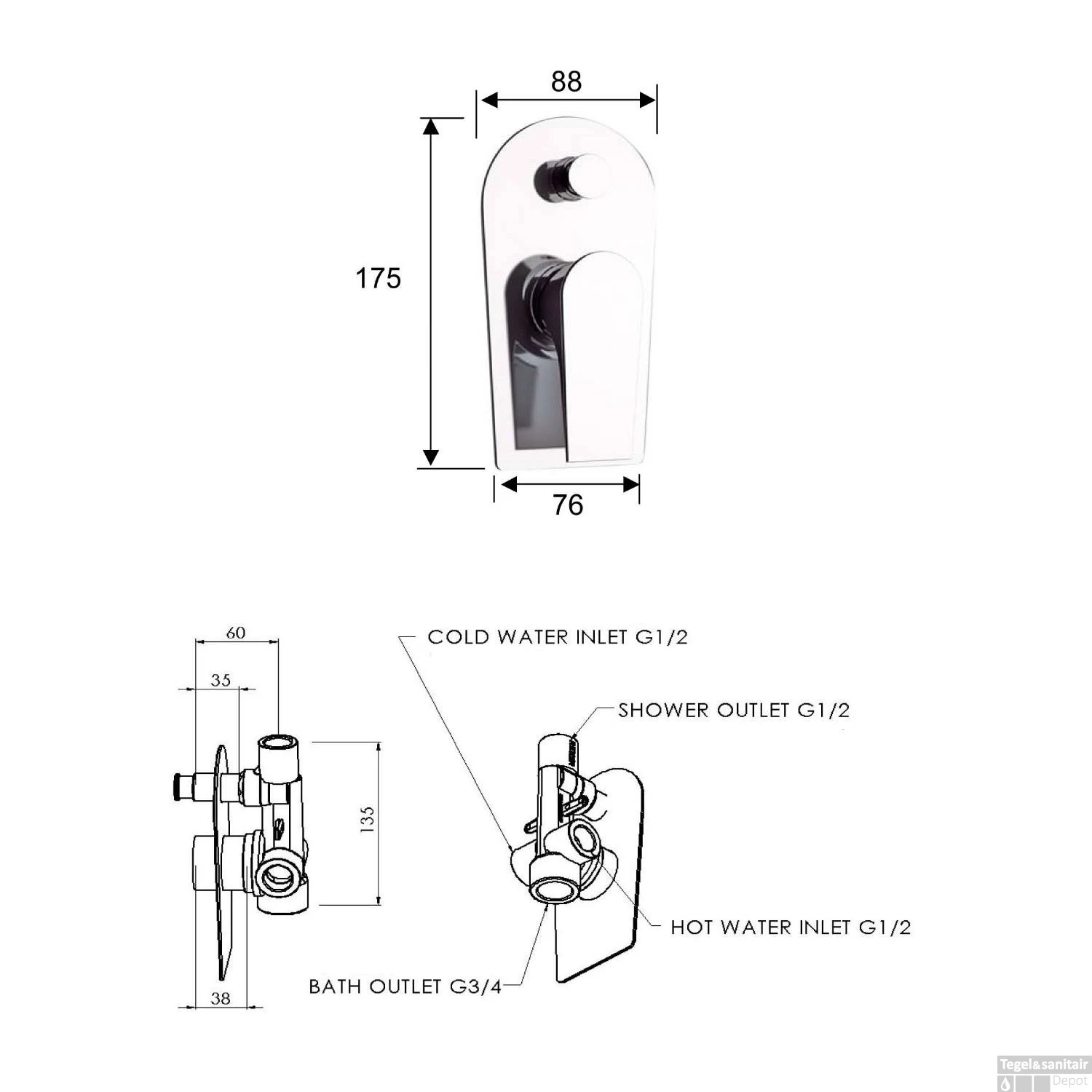 Douchekraan Inbouw Sapho Axamite Mengkraan Afbouwdeel 2-weg Chroom (incl. Inbouwdeel) - Afbeelding 3