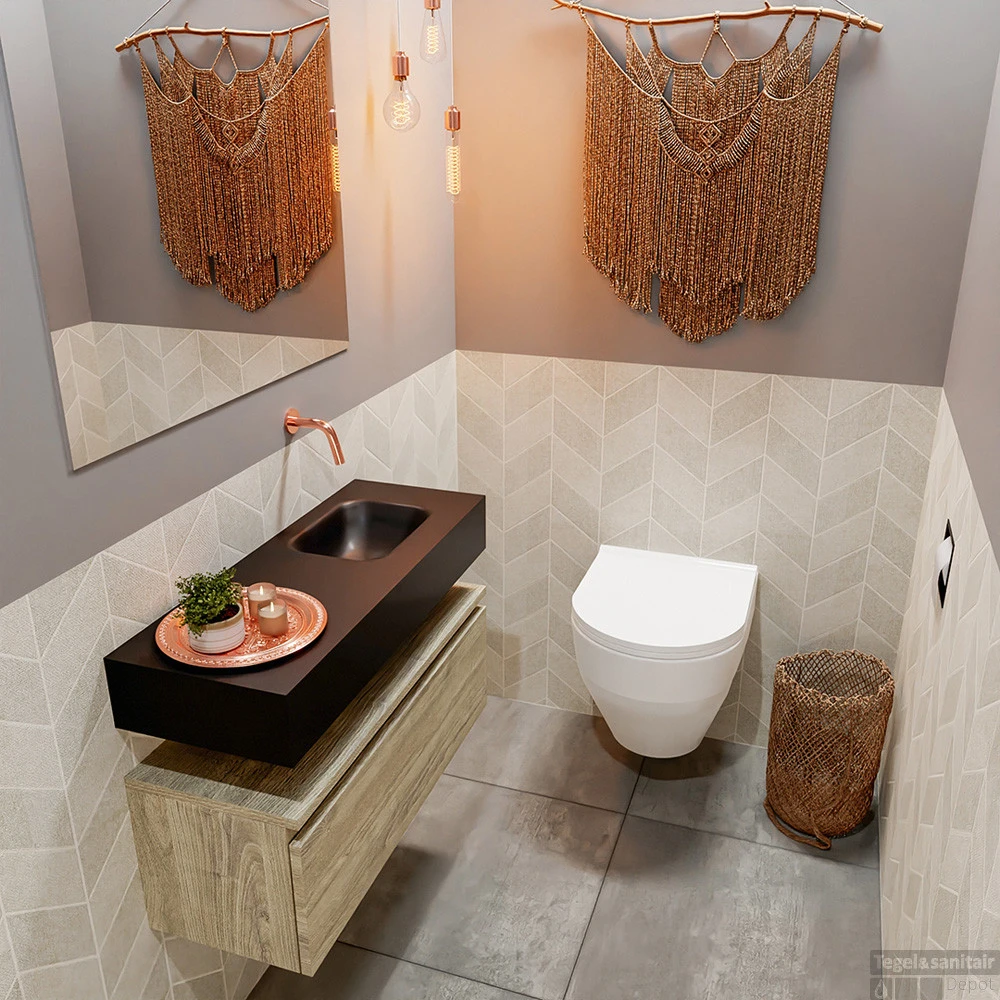 MONDIAZ ANDOR 80cm Toiletmeubel Light Brown Grey. LEX 80cm Wastafel Urban Rechts Geen Kraangat 2 MONDIAZ ANDOR 80cm Toiletmeubel Light Brown Grey. LEX 80cm Wastafel Urban Rechts Geen Kraangat - Afbeelding 2