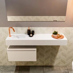 MONDIAZ ANDOR 60cm Toiletmeubel Linen. LEX 120cm Wastafel Talc Links 1 Kraangat -Duravit Verkoop badkamermeubel andor linen model lex vrijhangend talc front 0037