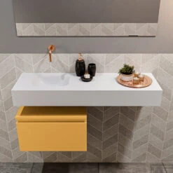 MONDIAZ ANDOR 50cm Toiletmeubel Ocher. LEX 100cm Wastafel Talc Links Geen Kraangat -Duravit Verkoop badkamermeubel andor ocher model lex vrijhangend talc front 0028