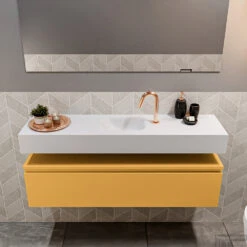 MONDIAZ ANDOR 120cm Toiletmeubel Ocher. LEX 120cm Wastafel Talc Midden 1 Kraangat -Duravit Verkoop badkamermeubel andor ocher model lex vrijhangend talc front 0033