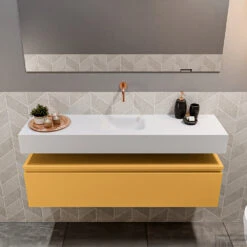MONDIAZ ANDOR 120cm Toiletmeubel Ocher. LEX 120cm Wastafel Talc Midden Geen Kraangat -Duravit Verkoop badkamermeubel andor ocher model lex vrijhangend talc front 0034