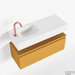 MONDIAZ ANDOR 80cm Toiletmeubel Ocher. LEX 80cm Wastafel Talc Links 1 Kraangat