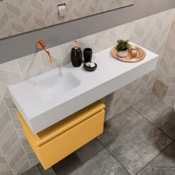 MONDIAZ ANDOR 50cm Toiletmeubel Ocher. LEX 100cm Wastafel Talc Links Geen Kraangat -Duravit Verkoop badkamermeubel andor ocher model lex vrijhangend talc sidetop 0028