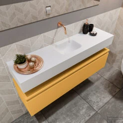MONDIAZ ANDOR 120cm Toiletmeubel Ocher. LEX 120cm Wastafel Talc Midden Geen Kraangat -Duravit Verkoop badkamermeubel andor ocher model lex vrijhangend talc sidetop 0034