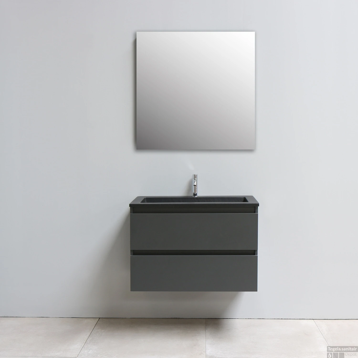 Badkamermeubel Boss & Wessing Pepper Acryl Wastafel Mat Zwart Incl Spiegel Met Kraangat 80x55x46 Cm Antraciet