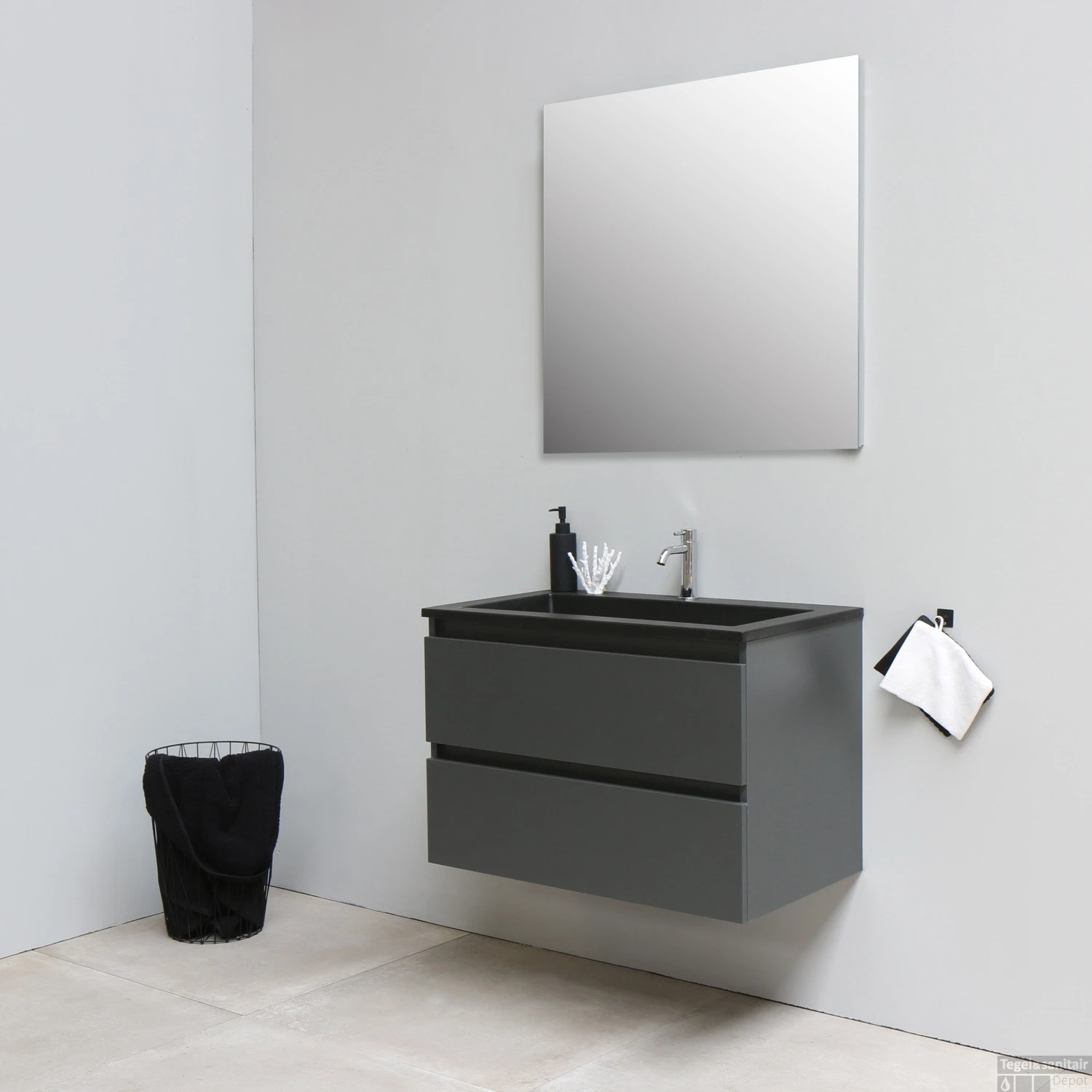 Badkamermeubel Boss & Wessing Pepper Acryl Wastafel Mat Zwart Incl Spiegel Met Kraangat 80x55x46 Cm Antraciet - Afbeelding 2