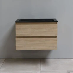 Badkamermeubel Boss & Wessing Pepper Acryl Wastafel Mat Zwart Zonder Kraangat 80x55x46 Cm Eiken