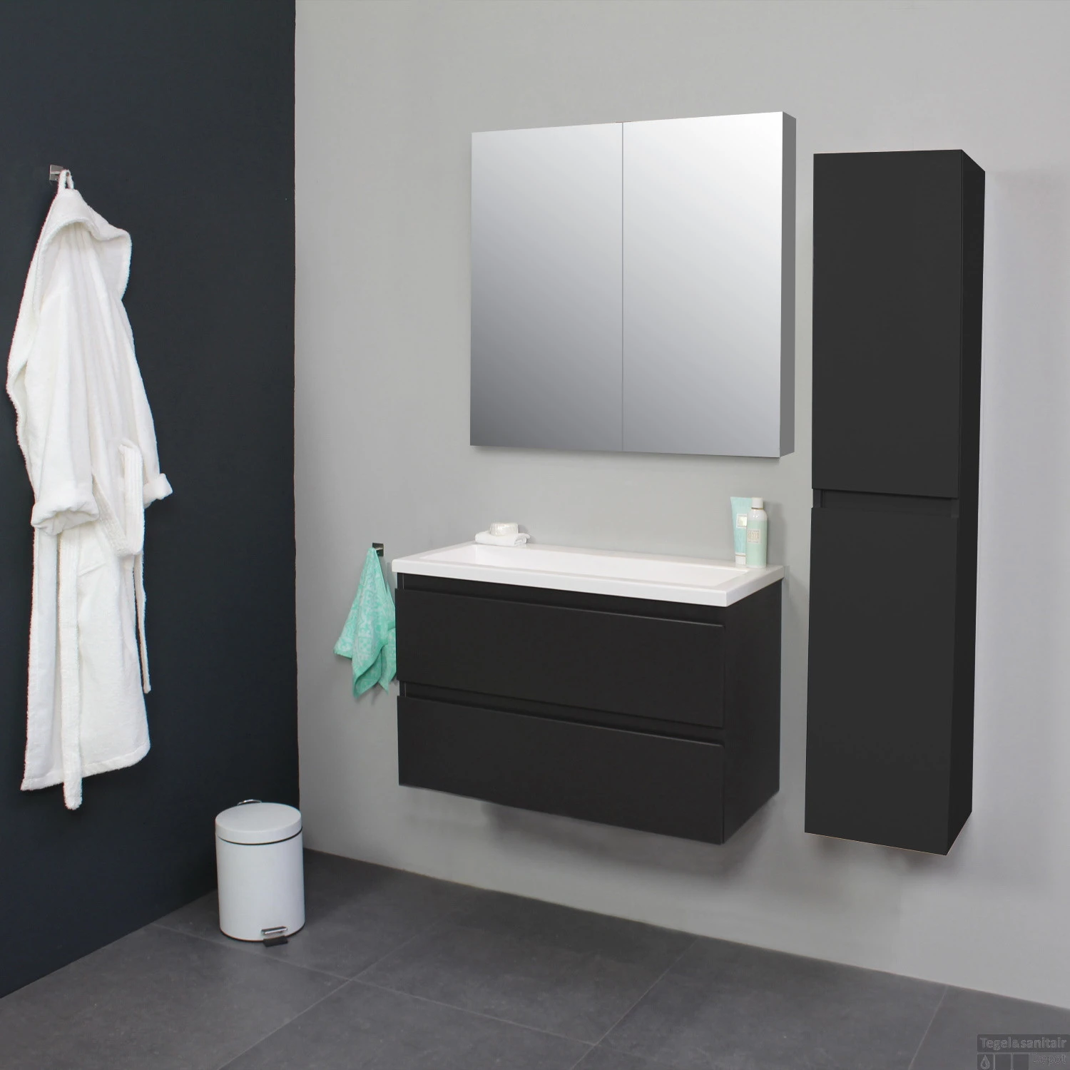 Badkamermeubel BWS Pepper Wastafel Acryl Incl Spiegelkast 2 Deurs Zonder Kraangat 80x55x46 Cm Antraciet