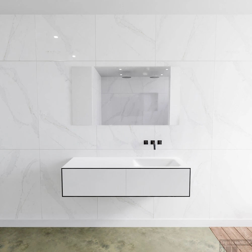 Badkamermeubelset Mondiaz LAGOM 130 Cm Rechtse Wastafel Solid Surface Zonder Kraangaten Mat Zwart (2 Laden) 1 Badkamermeubelset Mondiaz LAGOM 130 Cm Rechtse Wastafel Solid Surface Zonder Kraangaten Mat Zwart (2 Laden)