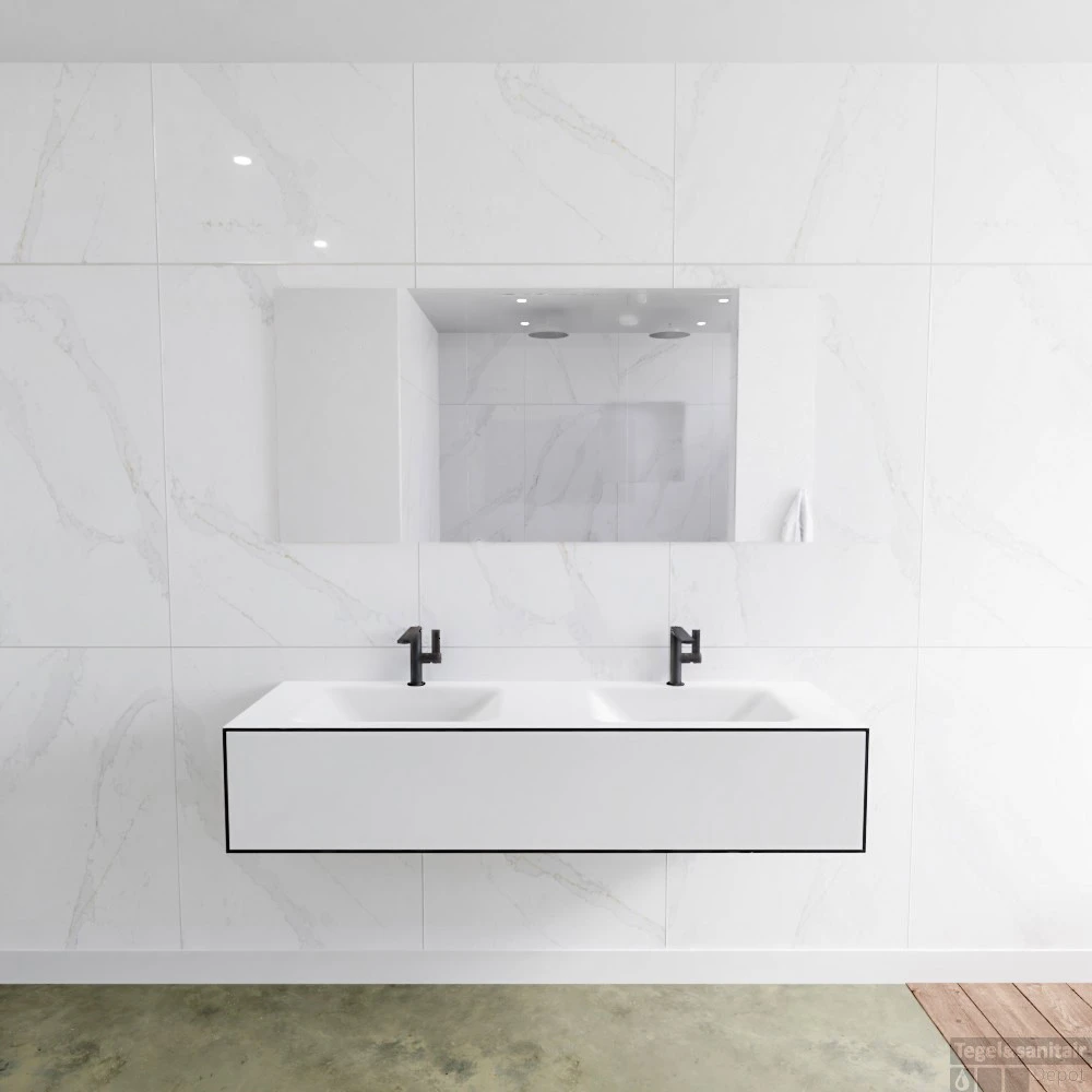 Badkamermeubelset Mondiaz LAGOM 150 Cm Dubbele Wastafel Solid Surface Met 2 Kraangaten Mat Zwart (1 Lade) 1 Badkamermeubelset Mondiaz LAGOM 150 Cm Dubbele Wastafel Solid Surface Met 2 Kraangaten Mat Zwart (1 Lade)