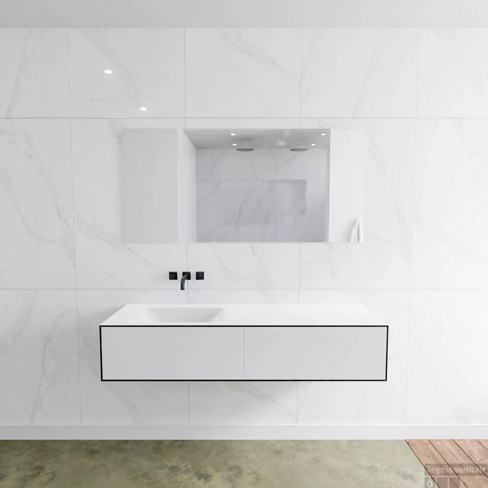 Badkamermeubelset Mondiaz LAGOM 150 Cm Linkse Wastafel Solid Surface Zonder Kraangaten Mat Zwart (2 Laden) 1 Badkamermeubelset Mondiaz LAGOM 150 Cm Linkse Wastafel Solid Surface Zonder Kraangaten Mat Zwart (2 Laden)