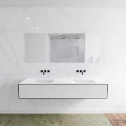 Badkamermeubelset Mondiaz LAGOM 180 Cm Dubbele Wastafel Solid Surface Zonder Kraangat Mat Zwart (2 Laden)