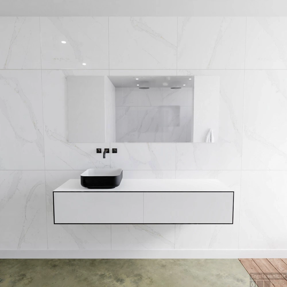 Badkamermeubelset Mondiaz LAGOM 160 Cm Topblad Met Linkse Wastafel Solid Surface Opzetkom Binx Zonder Kraangaten Mat Zwart (2 Laden) 1 Badkamermeubelset Mondiaz LAGOM 160 Cm Topblad Met Linkse Wastafel Solid Surface Opzetkom Binx Zonder Kraangaten Mat Zwart (2 Laden)