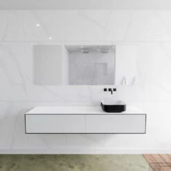 Badkamermeubelset Mondiaz LAGOM 180 Cm Topblad Met Rechtse Wastafel Solid Surface Opzetkom Binx Zonder Kraangaten Mat Zwart (2 Laden)