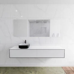 Badkamermeubelset Mondiaz LAGOM 190 Cm Topblad Met Linkse Wastafel Solid Surface Opzetkom Binx Met 1 Kraangat Mat Zwart (2 Laden)