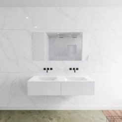 Badkamermeubelset Mondiaz LAGOM 140 Cm Dubbele Waskom Solid Surface Zonder Kraangaten Mat Wit (2 Laden)