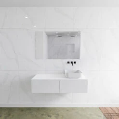 Badkamermeubelset Mondiaz LAGOM 120 Cm Met Topblad Rechtse Wastafel Solid Surface Opzetkom Binx Zonder Kraangaten Mat Wit (2 Laden)