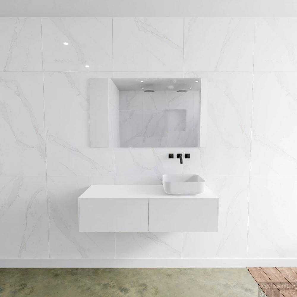 Badkamermeubelset Mondiaz LAGOM 120 Cm Met Topblad Rechtse Wastafel Solid Surface Opzetkom Binx Zonder Kraangaten Mat Wit (2 Laden) 1 Badkamermeubelset Mondiaz LAGOM 120 Cm Met Topblad Rechtse Wastafel Solid Surface Opzetkom Binx Zonder Kraangaten Mat Wit (2 Laden)