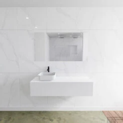 Badkamermeubelset Mondiaz LAGOM 130 Cm Met Topblad Linkse Wastafel Solid Surface Opzetkom Binx Met 1 Kraangat Mat Wit (1 Lade)