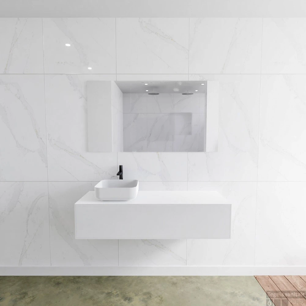 Badkamermeubelset Mondiaz LAGOM 130 Cm Met Topblad Linkse Wastafel Solid Surface Opzetkom Binx Met 1 Kraangat Mat Wit (1 Lade) 1 Badkamermeubelset Mondiaz LAGOM 130 Cm Met Topblad Linkse Wastafel Solid Surface Opzetkom Binx Met 1 Kraangat Mat Wit (1 Lade)