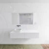 Badkamermeubelset Mondiaz LAGOM 150 Cm Met Topblad Linkse Wastafel Solid Surface Opzetkom Binx Zonder Kraangaten Mat Wit (2 Laden)