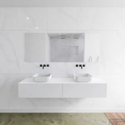 Badkamermeubelset Mondiaz LAGOM 180 Cm Met Topblad Dubbele Wastafel Solid Surface Opzetkom Binx Zonder Kraangaten Mat Wit (2 Laden)