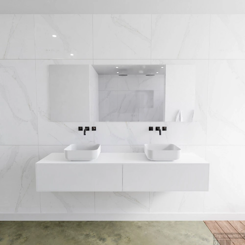 Badkamermeubelset Mondiaz LAGOM 180 Cm Met Topblad Dubbele Wastafel Solid Surface Opzetkom Binx Zonder Kraangaten Mat Wit (2 Laden) 1 Badkamermeubelset Mondiaz LAGOM 180 Cm Met Topblad Dubbele Wastafel Solid Surface Opzetkom Binx Zonder Kraangaten Mat Wit (2 Laden)