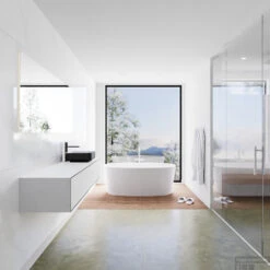 Badkamermeubelset Mondiaz LAGOM 160 Cm Topblad Met Rechtse Wastafel Solid Surface Opzetkom Binx Met 1 Kraangat Mat Zwart (2 Laden) -Duravit Verkoop badkamermeubel met solid surface wastafel model lagom side 00195