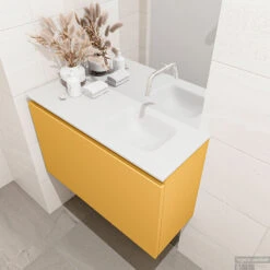 MONDIAZ OLAN 80cm Toiletmeubel Ocher. LEX Wastafel Talc Rechts Geen Kraangat -Duravit Verkoop badkamermeubel olan ocher model lex talc right 0018