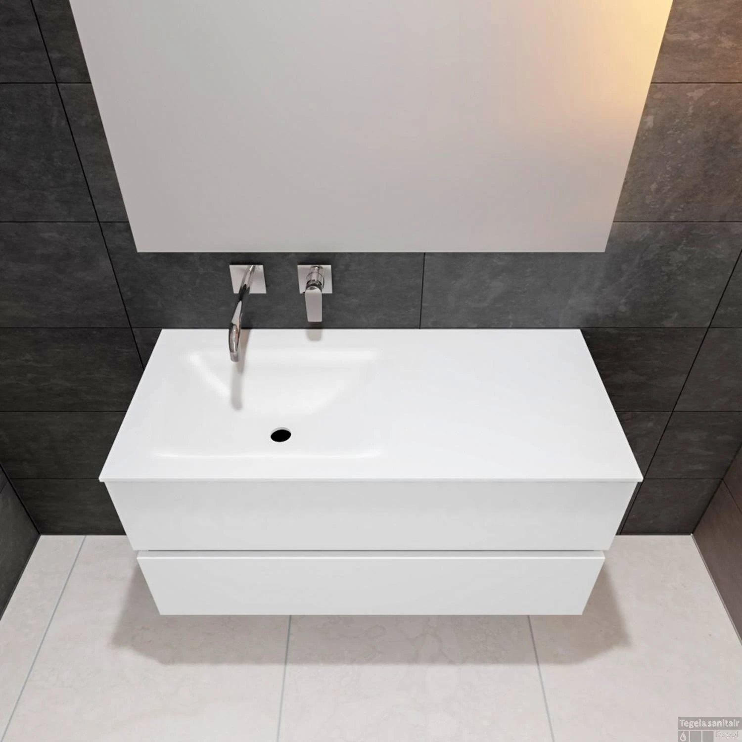 Badkamermeubel Solid Surface BWS Oslo 100x46 Cm Links Mat Wit (zonder Kraangaten) - Afbeelding 4