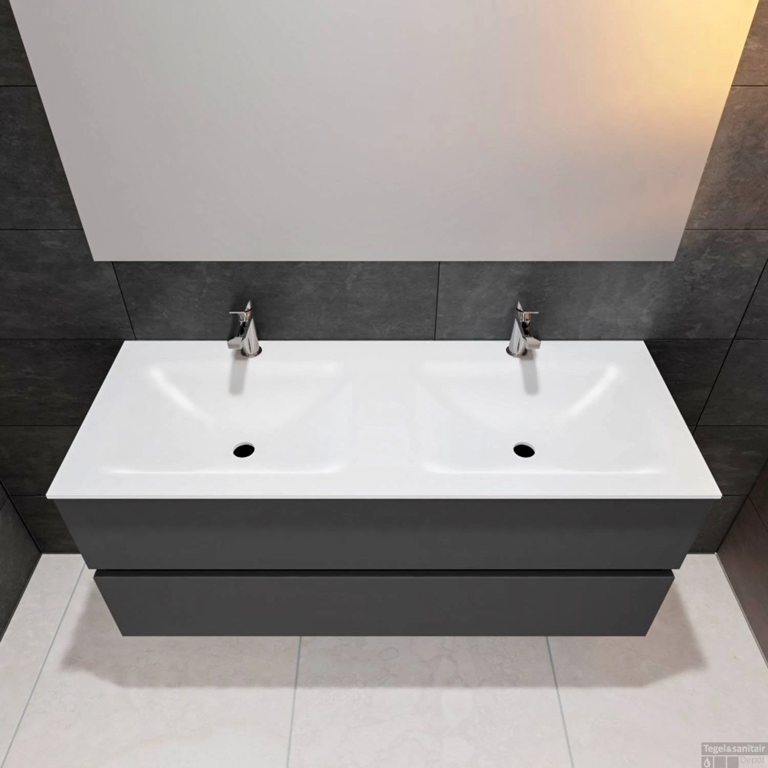 Badkamermeubel Solid Surface BWS Oslo 120x46 Cm Dubbel Mat Antraciet (met 2 Kraangaten) - Afbeelding 4