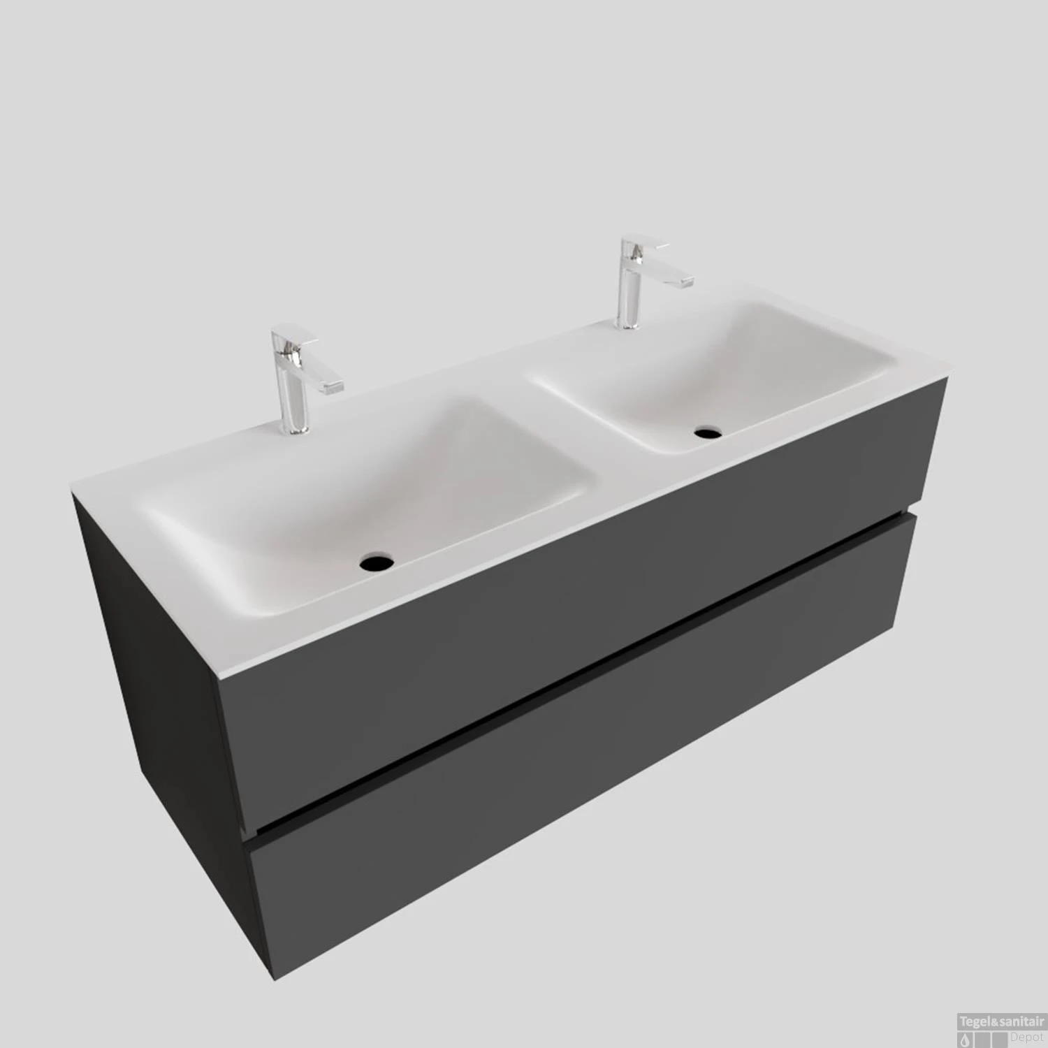 Badkamermeubel Solid Surface BWS Oslo 120x46 Cm Dubbel Mat Antraciet (met 2 Kraangaten) - Afbeelding 2