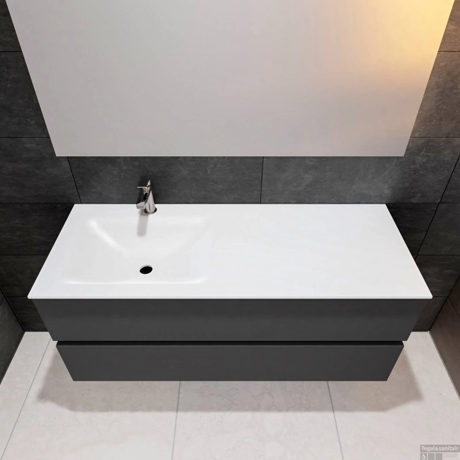 Badkamermeubel Solid Surface BWS Oslo 120x46 Cm Links Mat Antraciet (met 1 Kraangat) - Afbeelding 4