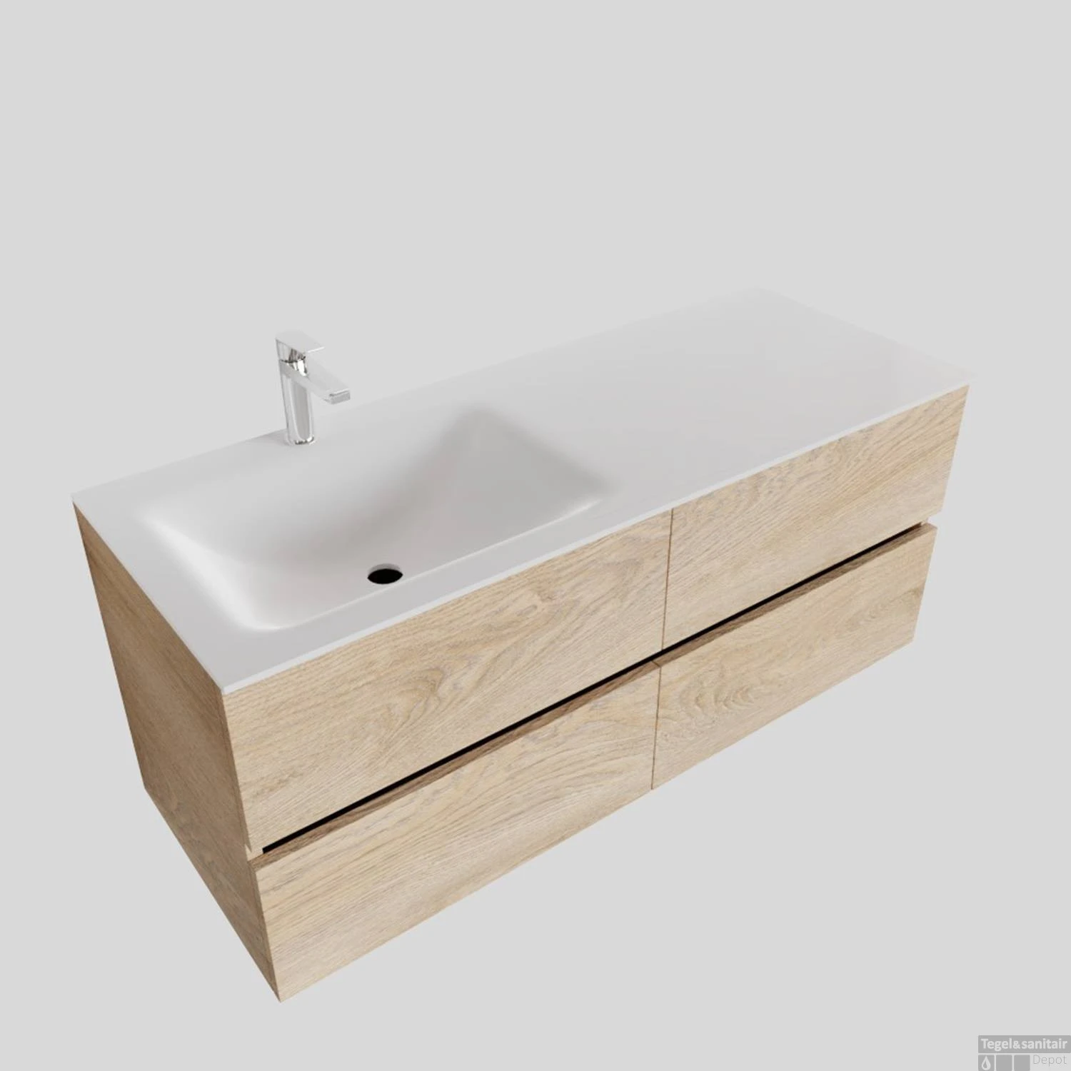 Badkamermeubel Solid Surface BWS Oslo 120x46 Cm Links Wood Washed Oak 4 Laden (met 1 Kraangat) - Afbeelding 2