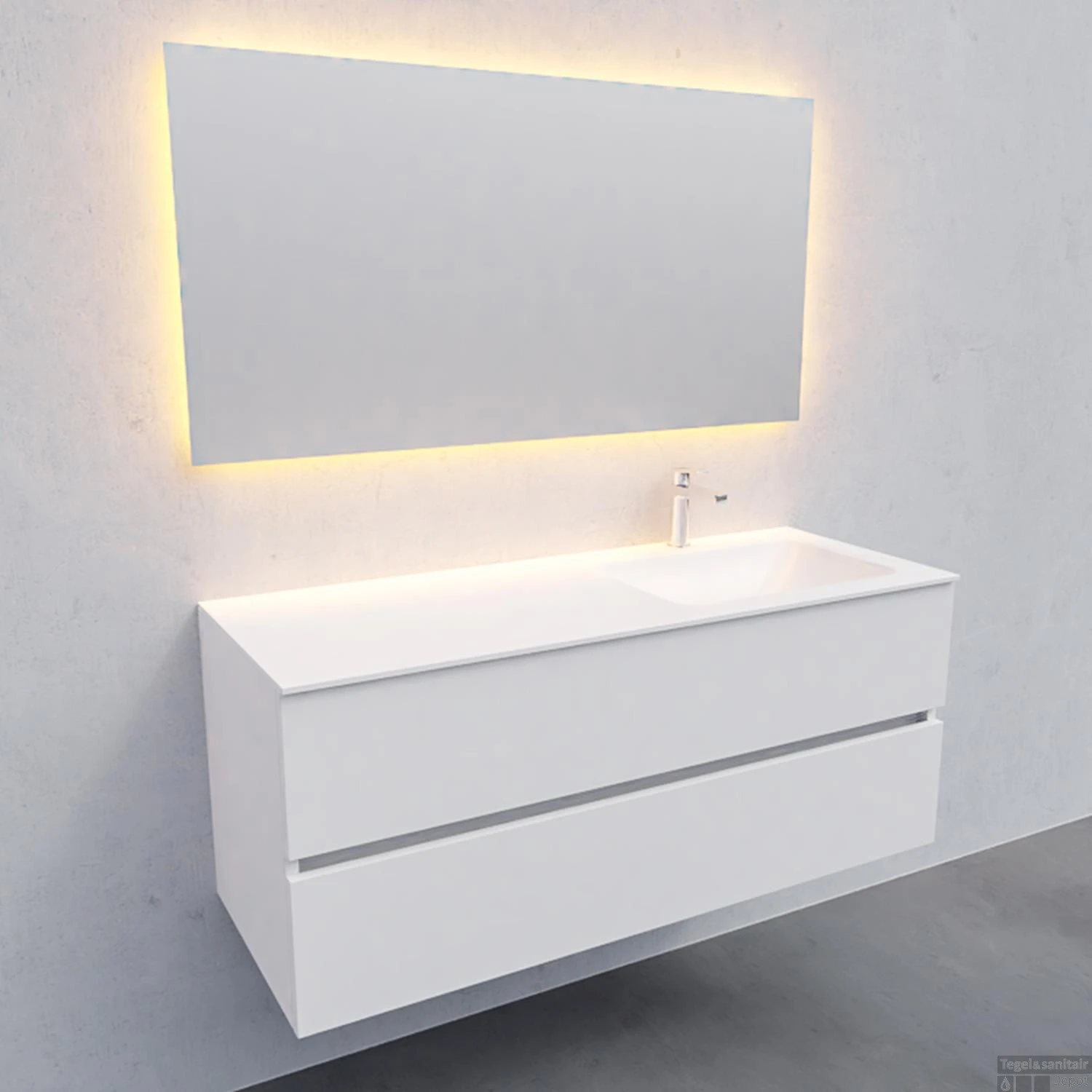 Badkamermeubel Solid Surface BWS Oslo 120x46 Cm Rechts Mat Wit (met 1 Kraangat) - Afbeelding 3