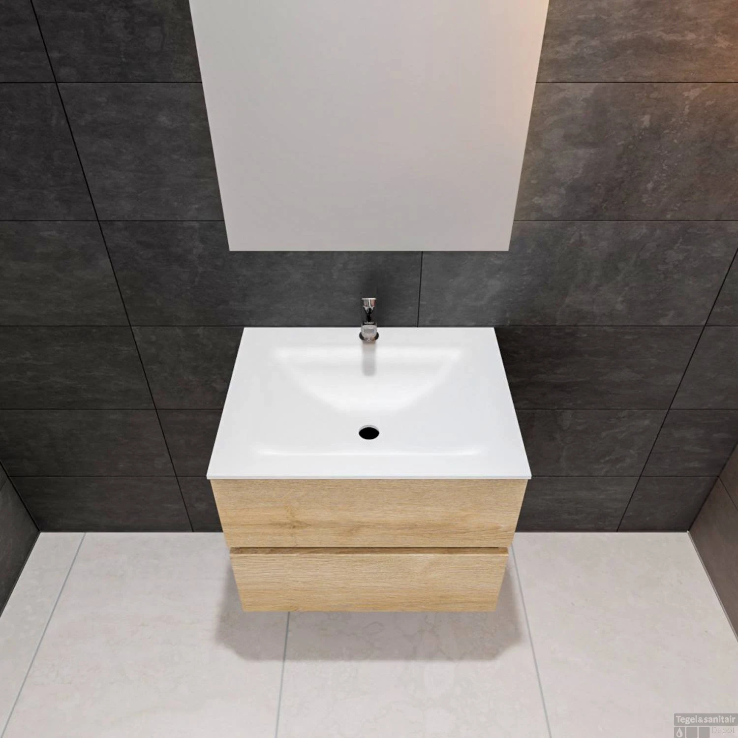 Badkamermeubel Solid Surface BWS Oslo 60x46 Cm Wood Washed Oak (1 Kraangat) - Afbeelding 4