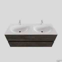 Badkamermeubel Solid Surface BWS Stockholm 120x46 Cm Dubbel Wood Dark Brown (met 2 Kraangaten)