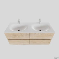 Badkamermeubel Solid Surface BWS Stockholm 120x46 Cm Dubbel Wood Washed Oak 4 Laden (2 Kraangaten)