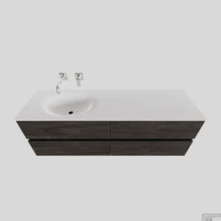Badkamermeubel Solid Surface BWS Stockholm 150x46 Cm Links Wood Dark Brown 4 Laden (0 Kraangaten)