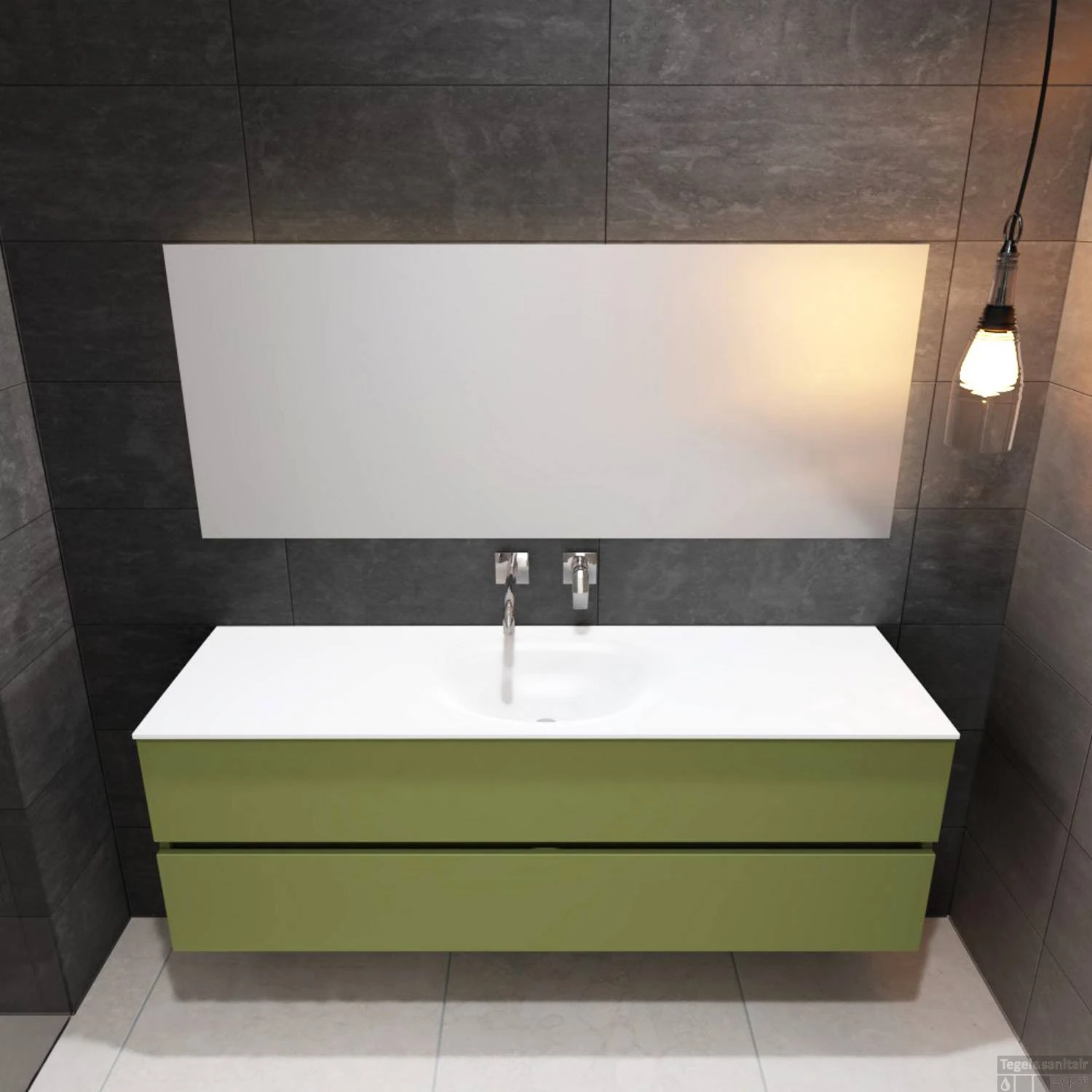 Badkamermeubel Solid Surface BWS Stockholm 150x46 Cm Midden Mat Groen (zonder Kraangat) - Afbeelding 2