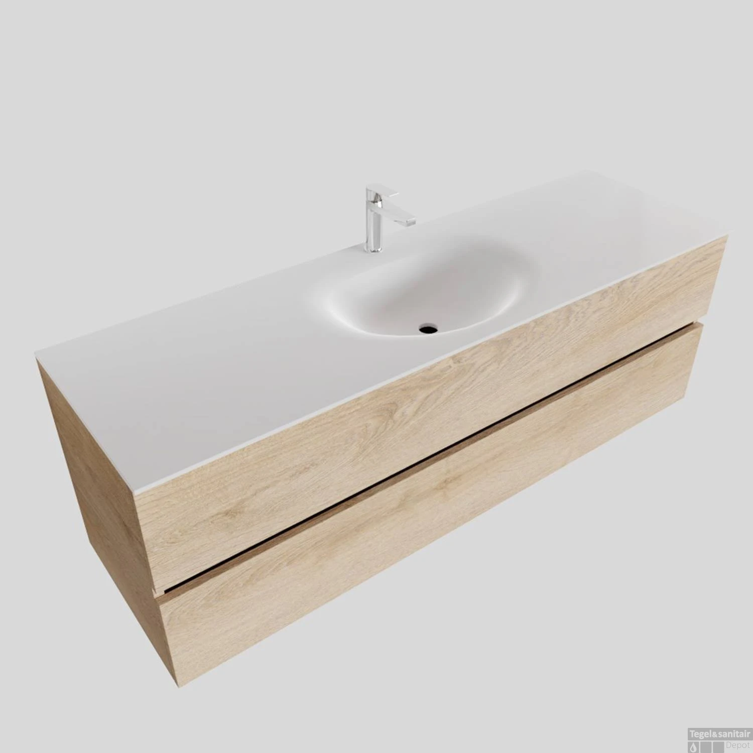 Badkamermeubel Solid Surface BWS Stockholm 150x46 Cm Midden Wood Washed Oak (met 1 Kraangat) - Afbeelding 2