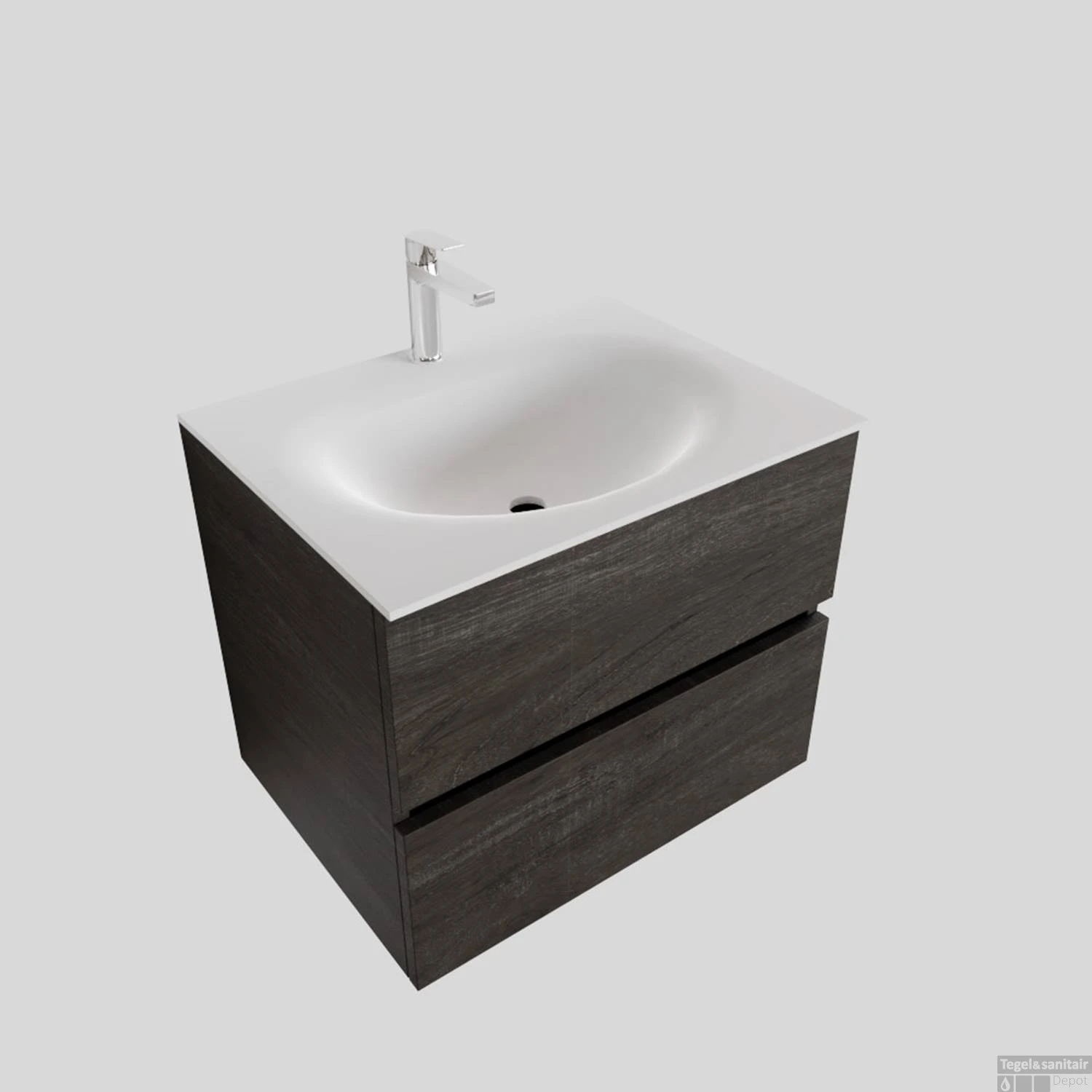 Badkamermeubel Solid Surface BWS Stockholm 60x46 Cm Wood Dark Brown (1 Kraangat) - Afbeelding 2