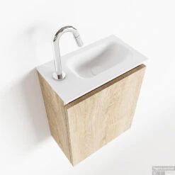 MONDIAZ TURE 40cm Toiletmeubel Washed Oak. EDEN Wastafel Talc Rechts 1 Kraangat