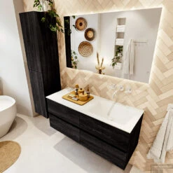 MONDIAZ VICA 120cm Badmeubel Onderkast Antracite 4 Lades. Wastafel CLOUD Rechts Zonder Kraangat, Kleur Talc Met Spiegel LED. -Duravit Verkoop badkamermeubel vica antracite cloud talc set2 0058