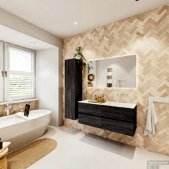 MONDIAZ VICA 120cm Badmeubel Onderkast Antracite 4 Lades. Wastafel CLOUD Rechts Zonder Kraangat, Kleur Talc Met Spiegel LED. -Duravit Verkoop badkamermeubel vica antracite cloud talc set4 0058