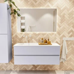 MONDIAZ VICA 120cm Badmeubel Onderkast Cale 2 Lades. Wastafel CLOUD Links 1 Kraangat, Kleur Talc Met Spiegel LED. -Duravit Verkoop badkamermeubel vica cale cloud talc set1 0023